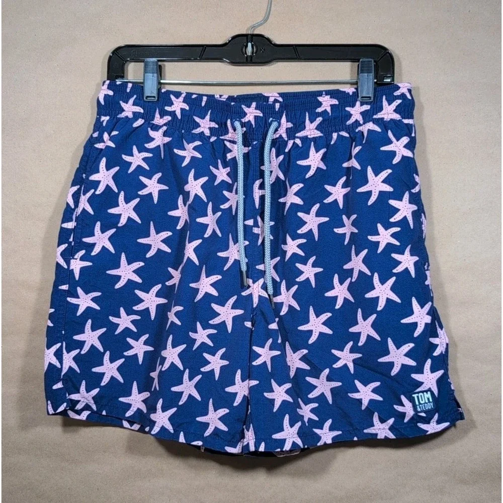 Tom & Teddy‎ Men's Medium Swim Trunks Purple With Pink Starfish Lined, Pockets